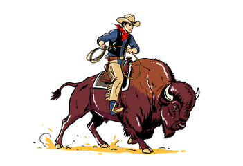 Cowboy riding bison artwork. Western rodeo sport design. Buffalo rider vintage graphic print. American wild west illustration. Great Plains adventure © panji