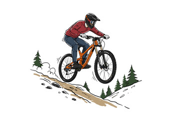 Mountain bike downhill vector artwork. Extreme sport adrenaline graphic design. MTB artwork for t-shirt and apparel. Adventure cycling illustration lo © panji