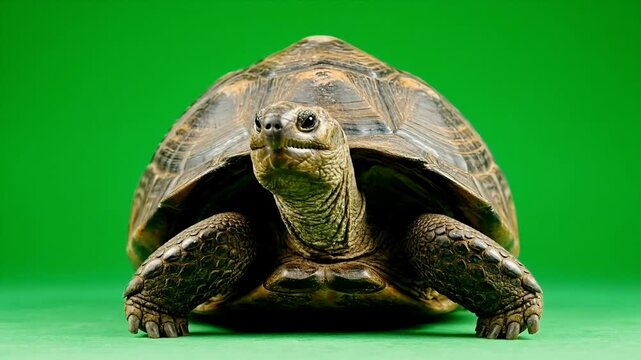 A detailed front-facing shot of a tortoise with a textured shell and skin, looking directly at the camera against a vibrant green background.