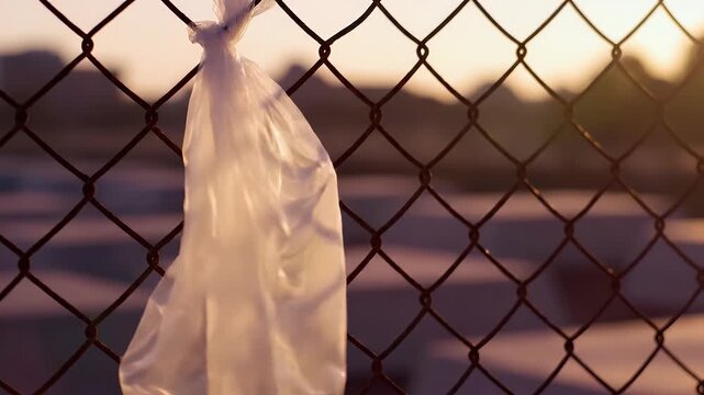 A plastic bag, tied to a chain-link fence, flutters in the golden hour light