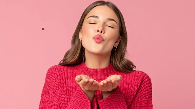 An expressive young woman in a cozy red sweater blows a heartfelt kiss. Her playful gesture radiates warmth and joy, captivating anyone who sees it. The soft pink background adds to the charm