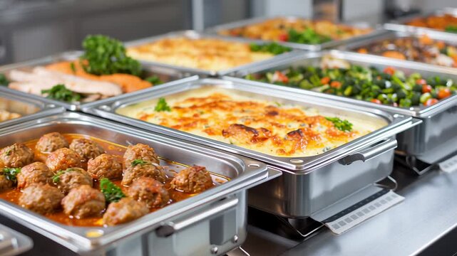 Guests savor a mouthwatering selection at the buffet, showcasing juicy meatballs smothered in rich brown sauce. The inviting aroma fills the air, making everyone eager to indulge
