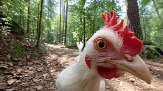 An enchanting moment unfolds as a rooster focuses on the camera, squawking in the heart of a tranquil forest. Sunlight filters through the trees, illuminating its vibrant feathers