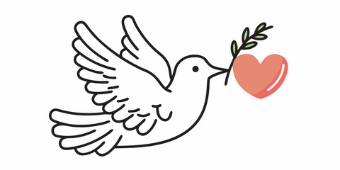 A white dove carrying an olive branch and a red heart in flight © Tapan