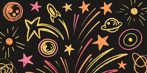 Colorful chalk drawing of planets stars and rockets on a black background © Tapan