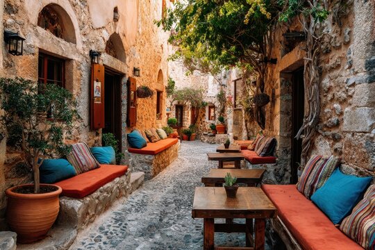 Outdoor cafe seating in traditional mediterranean alleyway