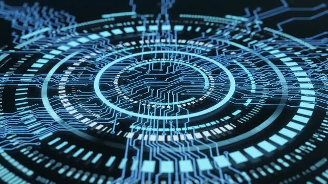Abstract circuit board pattern with blue glowing lines and circular design