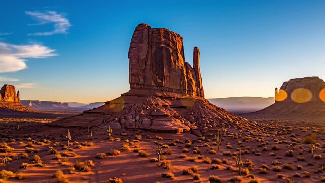 Monument Valley iconic rock formations at sunrise with clear blue sky.