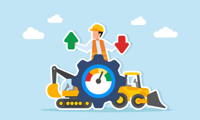 Naklejka premium Engineer holding up and down arrows emerging from gear with level meter near heavy equipment illustration of project team performance fluctuation