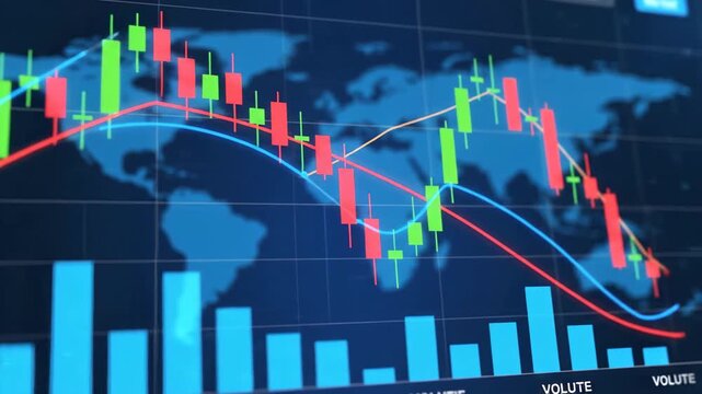 Stock market candlestick chart analysis with world map background