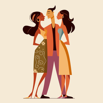 Three people in a loving polyamorous relationship, one man and two women, flirting and embracing unity and happiness together, isolated on a white background for modern LGBTQ+ love and marriage