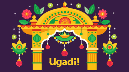 Vibrant ugadi decoration with traditional elements and colorful flowers Vector