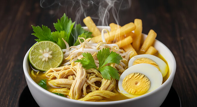Steaming bowl of Indonesian Soto Ayam with chicken noodles and egg.