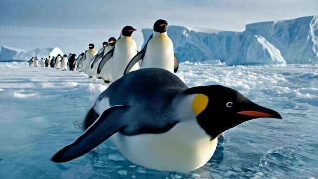 A group of penguins in a line on ice, with one in the foreground seeming to dive into the water