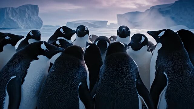 A group of penguins huddle together on a snowy landscape with icebergs and a dusky sky