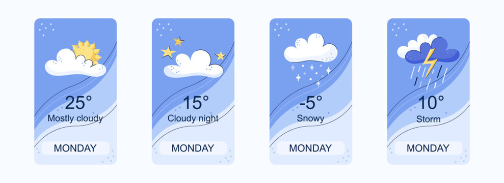 Mobile weather app interface design. Elements for weather forecast mobile app. Cloudy, snowy and Storm. Vector illustration. Temperature, weather condition user interface generator.