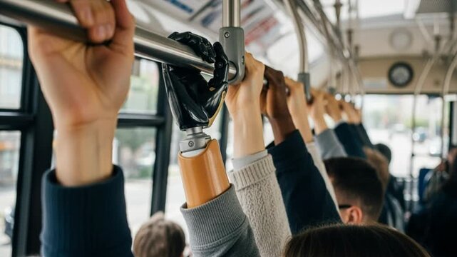 Prosthetic bionic hand gripping a grab rail among diverse passengers on a public bus
