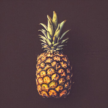 Oil Painting of Ripe Pineapple on Reto black Background
