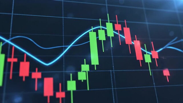 Stock market chart analysis with rising and falling candlestick patterns
