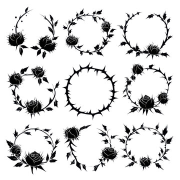 Set of 11 black floral thorn wreath frames and borders illustration isolated on Transparent Background