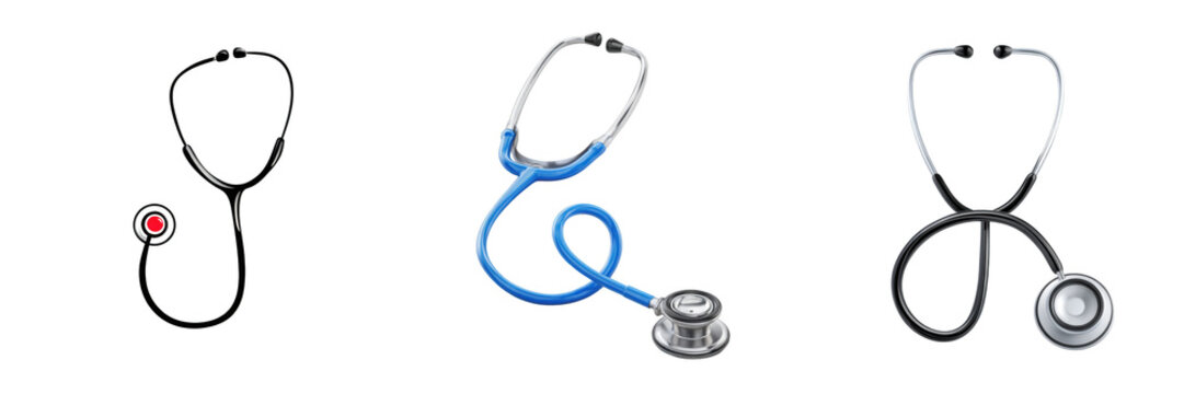 Three stethoscopes in black blue and silver white for medical concepts Isolated on a transparent background