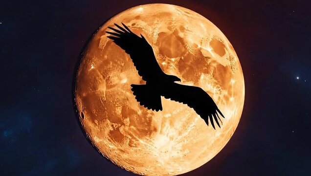 Eagle silhouette flying against a large full moon in night sky  
