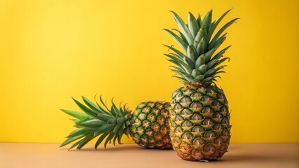 Fototapeta premium Fresh and Juicy Pineapples on Vibrant Yellow Background with Natural Shadows and Highlights