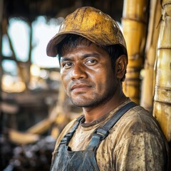 Obraz premium Sugarcane Mill Worker Portrait in Yellow Hard Hat