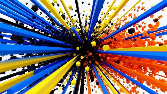 Abstract explosion with colorful strips and squares on white background