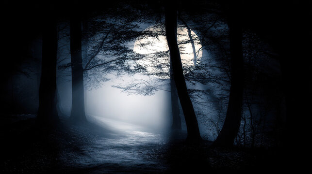 cryptographer. A misty forest path at night with moonlight filtering through silhouetted trees and atmospheric fog. travel magazines, destination branding, designed for travel destination branding.
