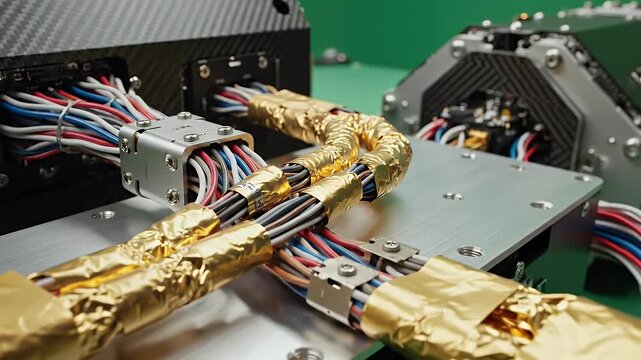 Intricate wiring assembly with insulated cables, metallic elements, carbon fiber panels, and metallic shielding