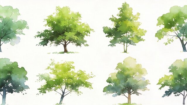 Watercolor style green trees illustration,set of hand painted leafy trees with soft light and natural colors,ideal for nature themes,eco design,backgrounds,and seasonal concepts