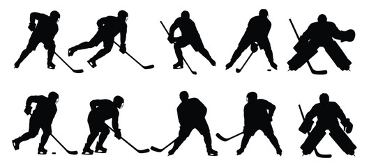 Hockey silhouettes set, players in action poses with sticks and puck, skating, shooting and passing movements, sport competition symbols, dynamic athlete shapes, clean black vector illustration © MOSAKAYRUNNAHAR