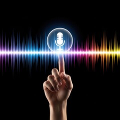 A hand interacting with a glowing microphone icon on a sound wave