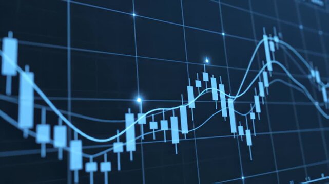 Stock market chart display with candlestick patterns and glowing lines