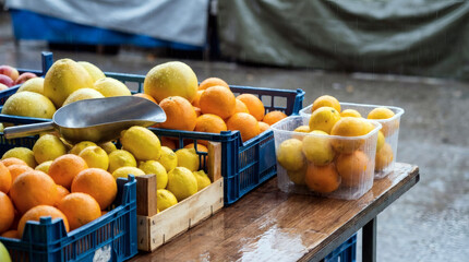 Oranges and lemons in crates on a wet wooden market stall fruit citrus