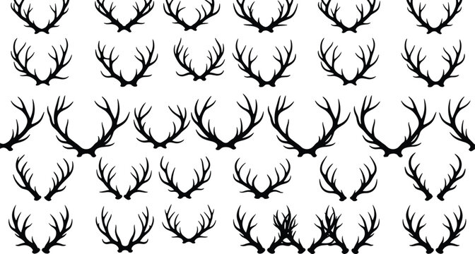 Set of deer antlers silhouettes, vintage hunting trophies collection, black horn vector illustrations, wild animal head decoration elements isolated on white background.