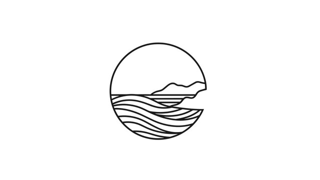 Minimalist Coastal Landscape Circle Icon with Ocean Waves and Mountains