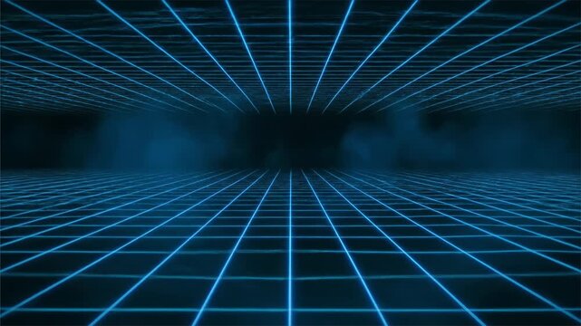 Abstract digital 3D perspective grid moving infinitely through a smoky, dark cyberspace tunnel rendered with bright neon blue lines and dark ambient lighting.