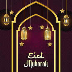 Golden Crescent Moon and Lanterns for Eid Mubarak Celebration
