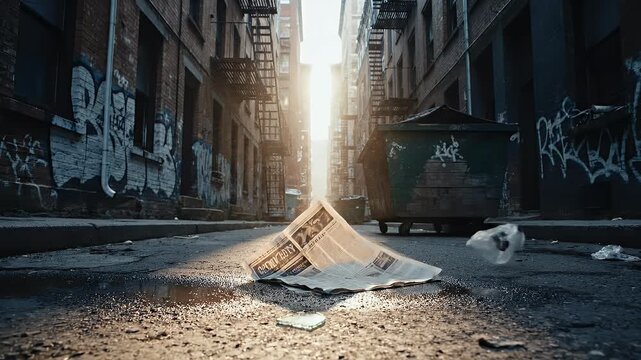 A sunlit alley scene with old brick buildings, fire escapes, a newspaper, and graffiti