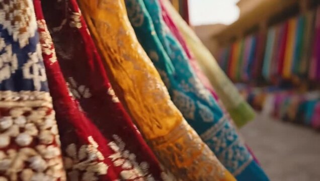 Colorful textiles hanging in market with intricate patterns and designs  
