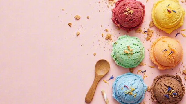 ice cream balls in various tones, top view flat lay, smooth matte background, playful summer mood, high-key lighting, modern minimal styling, copy space 
