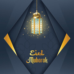 Golden Crescent Moon and Lanterns for Eid Mubarak Celebration