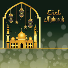 Golden Crescent Moon and Lanterns for Eid Mubarak Celebration
