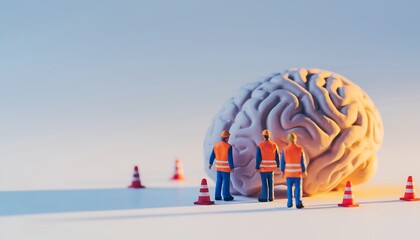 Three miniature construction workers diligently repair a human brain model, symbolizing mental health, cognitive function, and neurological care