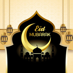 Golden Crescent Moon and Lanterns for Eid Mubarak Celebration