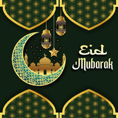 Golden Crescent Moon and Lanterns for Eid Mubarak Celebration