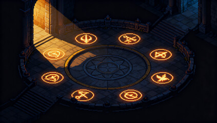 ルーンと松明が灯るダークストーンレイドダンジョンピクセルアート