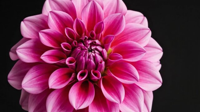 Vibrant pink dahlia blooming in close up macro footage petals unfurling delicately against a dark background